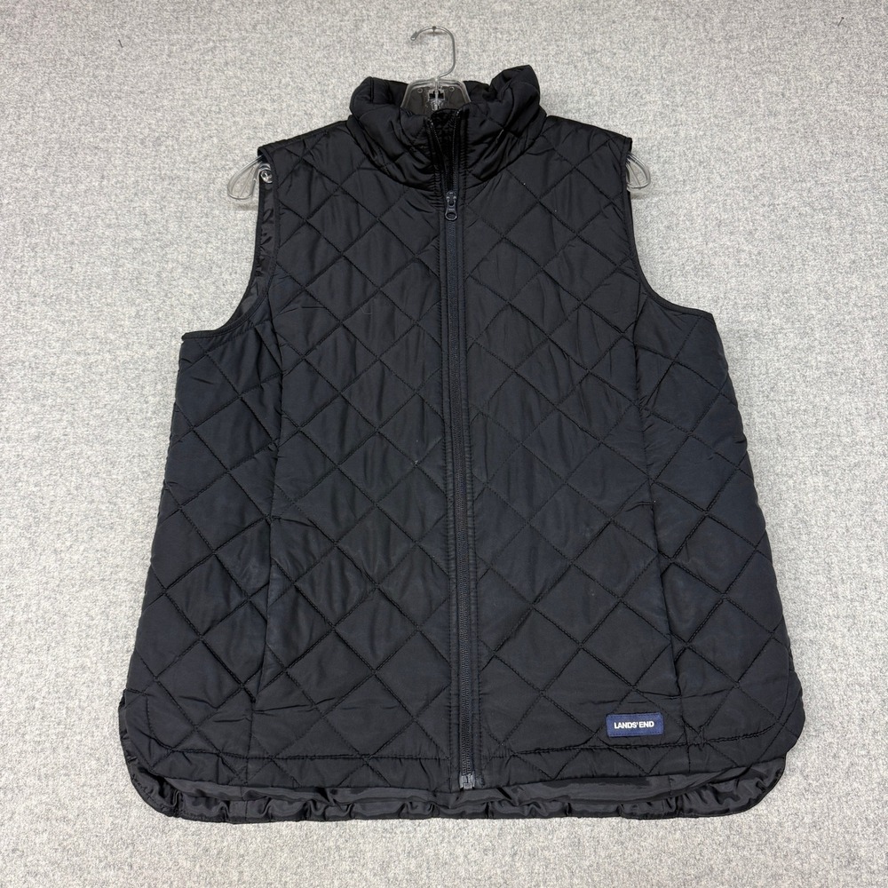 Lands' End Quilted Vest Size M 10-12 Black Diamond Full Zip Mock Neck Light Coat